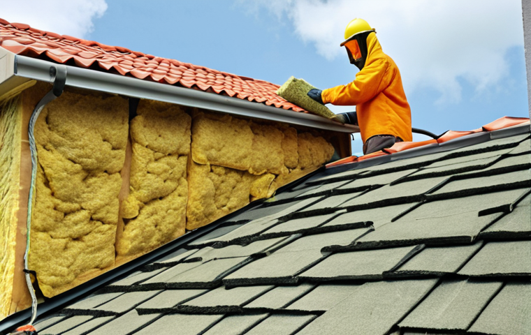**
A cross-section of a Malaysian home roof showing mineral wool insulation (glass wool or rock wool) being installed. Highlight its fire resistance. Include a person wearing protective clothing. Show the tropical climate outside.
**