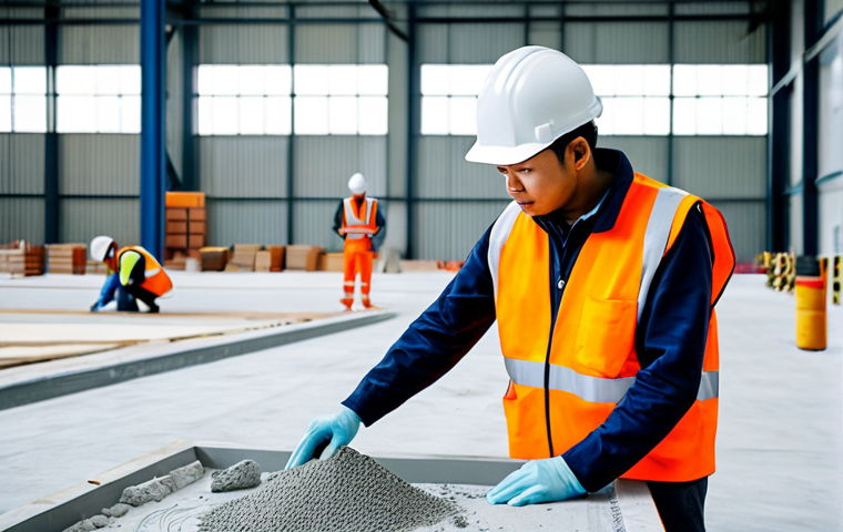 A focused construction engineer in a professional safety helmet and high-visibility vest, fully clothed in appropriate work attire, expertly supervising the application of Polymer Cement Mortar on a large, seamless industrial floor in a modern Malaysian factory. The environment is well-lit, clean, and highlights the durable, water-resistant properties of the material. The scene captures the essence of long-term investment in robust construction. Professional photography, high resolution, realistic, natural pose, perfect anatomy, correct proportions, well-formed hands, proper finger count, natural body proportions, safe for work, appropriate content, modest, family-friendly.