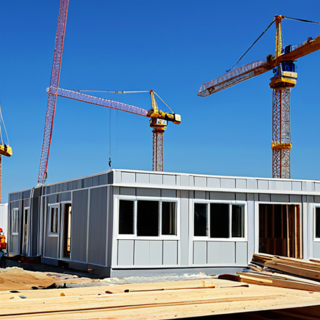 Modular Home Construction Site**

"A construction site showing several modular homes being assembled. Cranes are lifting pre-fabricated sections into place. Workers in hard hats and safety vests are securing the modules. The homes are modern in design and brightly colored. Background shows a clear blue sky. Safe for work, appropriate content, fully clothed workers, professional construction scene, perfect anatomy, natural proportions, family-friendly."

**
