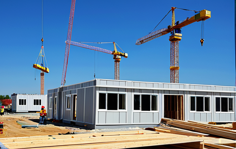 Modular Home Construction Site**

"A construction site showing several modular homes being assembled. Cranes are lifting pre-fabricated sections into place. Workers in hard hats and safety vests are securing the modules. The homes are modern in design and brightly colored. Background shows a clear blue sky. Safe for work, appropriate content, fully clothed workers, professional construction scene, perfect anatomy, natural proportions, family-friendly."

**